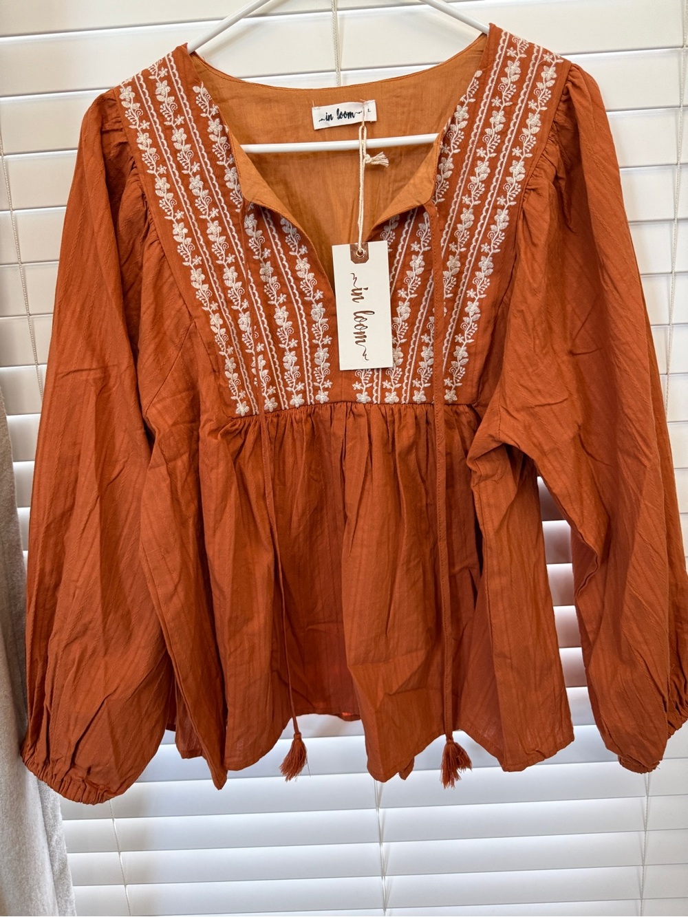 Pretty Embroidered Boho Peasant Blouse in Rust Orange